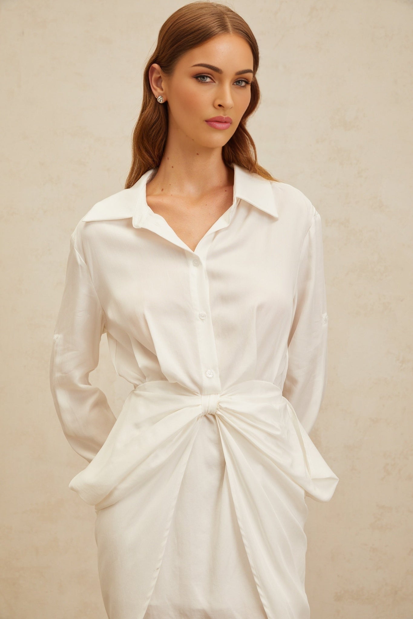 White Long Sleeve Mini Dress with Bow Embellishment