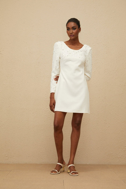 White Long Sleeve Scoop Neck A-Line Dress with Sequin and Crystal Embellishment