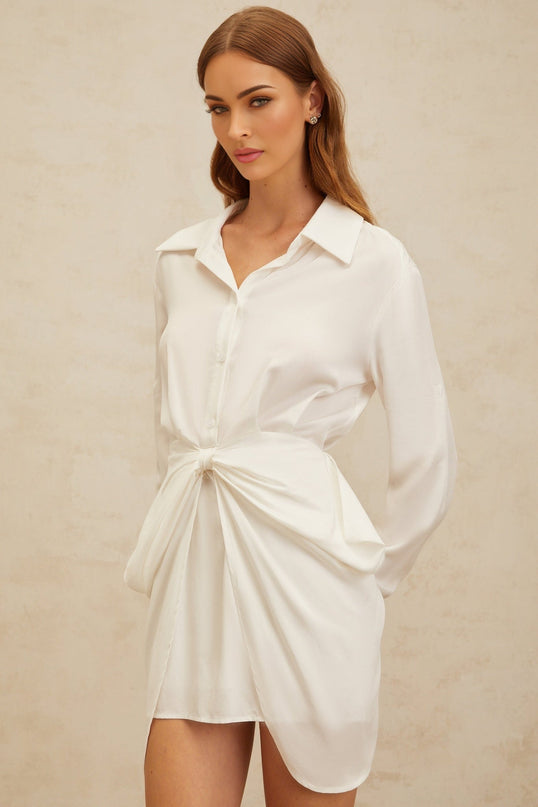 White Lyocell Mini Dress with Bow Embellishment