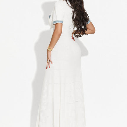 White maxi dress with blue accents and ribbed texture