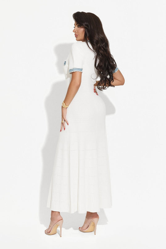 White maxi dress with blue accents and ribbed texture