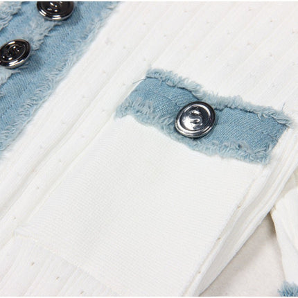 White maxi dress with blue accents and ribbed texture