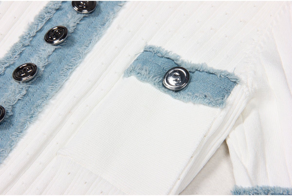 White maxi dress with blue accents and ribbed texture