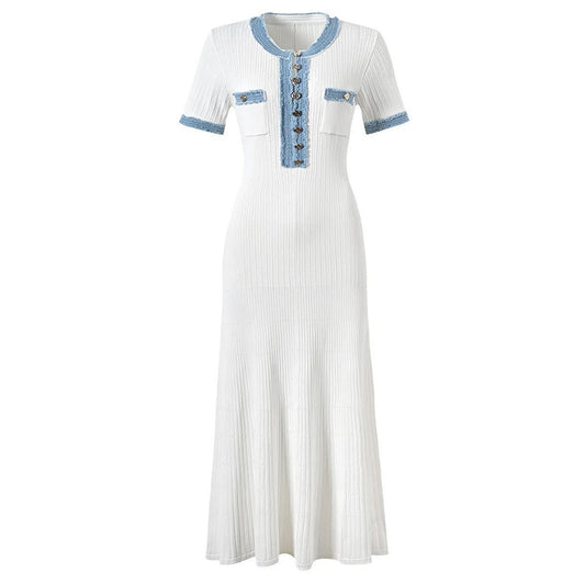 White maxi dress with blue accents and ribbed texture
