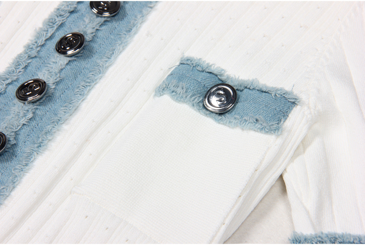 White maxi dress with blue accents and ribbed texture