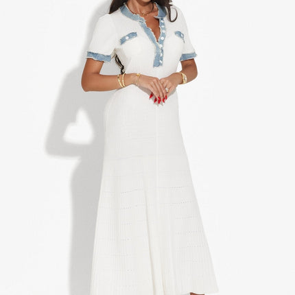 White maxi dress with blue accents and ribbed texture