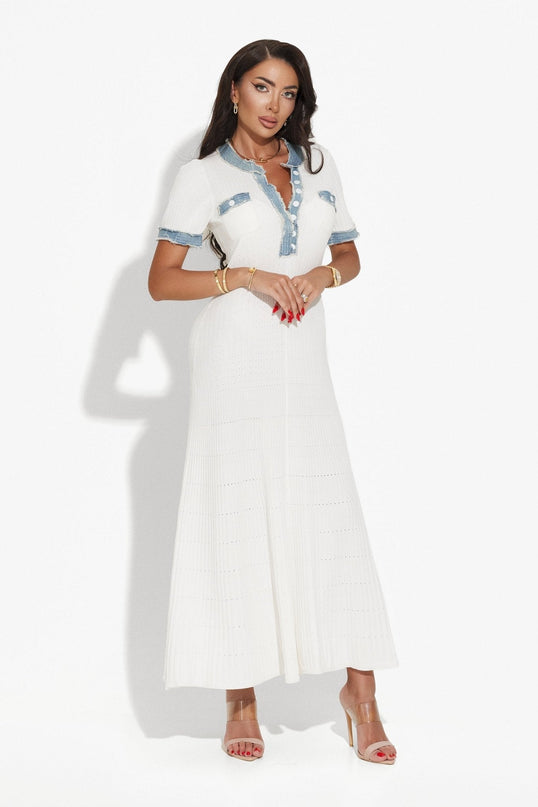 White maxi dress with blue accents and ribbed texture