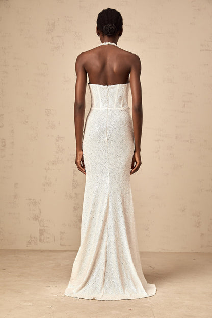 White maxi dress with faux pearl embellishments called Sophie