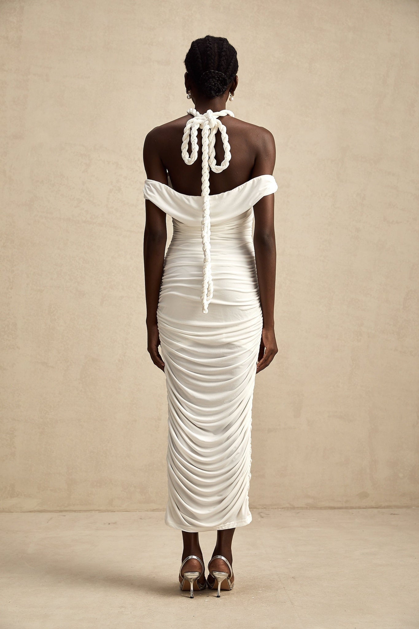 White midi dress with braided rope details named Emeline