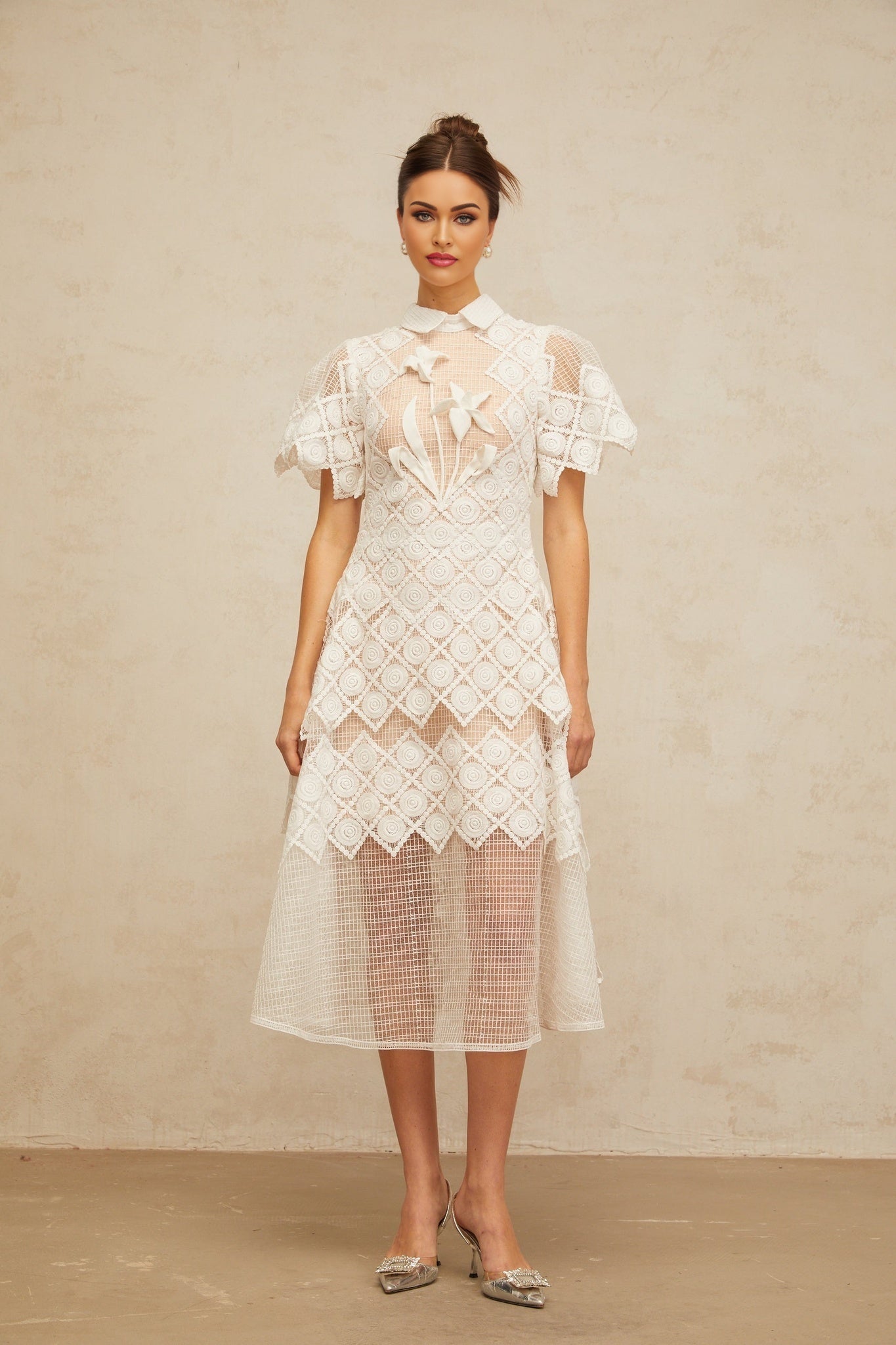 White midi dress with floral embroidery named Yasmine
