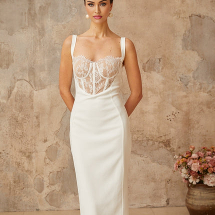 White midi dress with lace panel detailing and corset style bodice