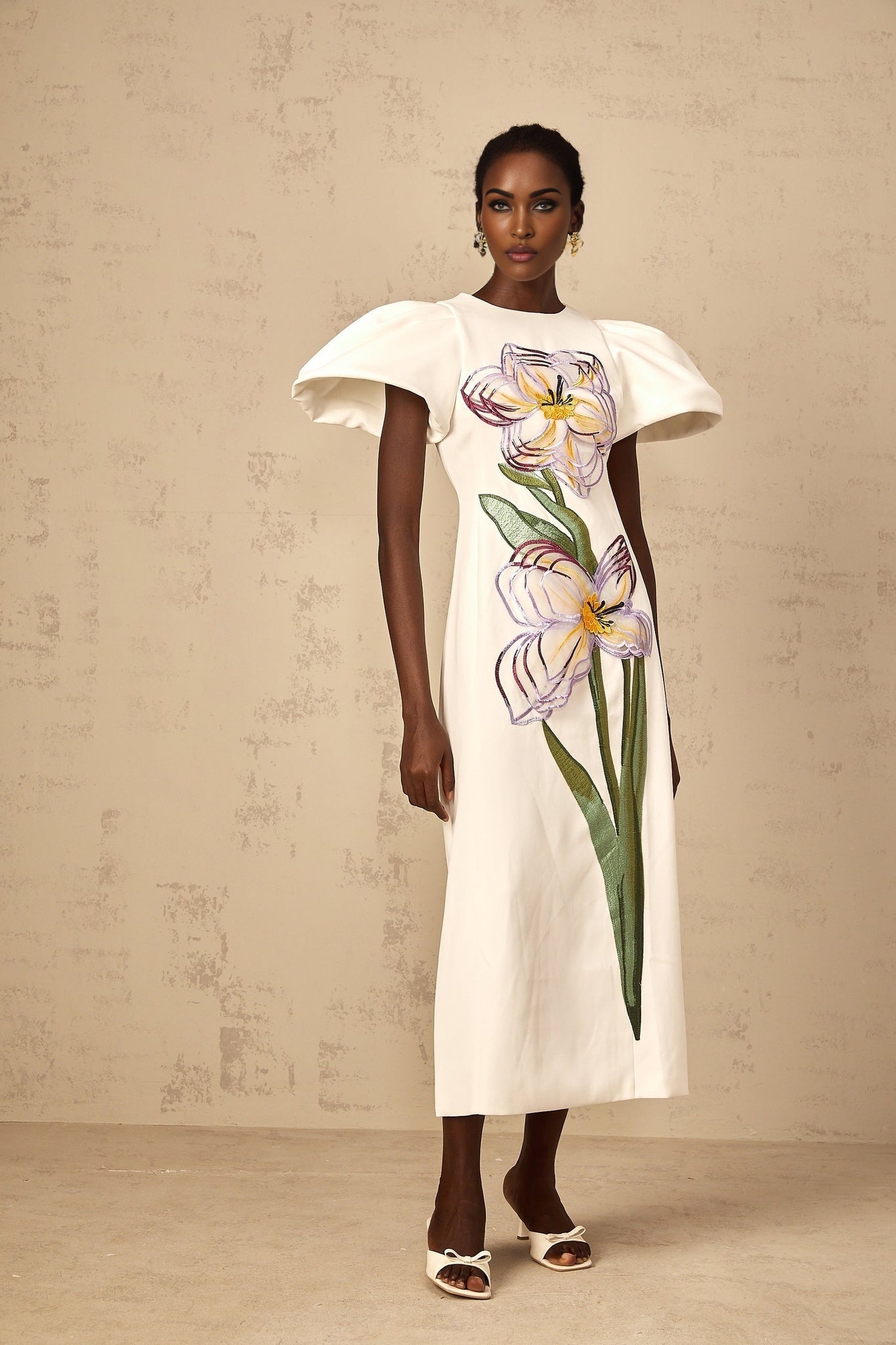 White midi dress with sequin floral embroidery for women