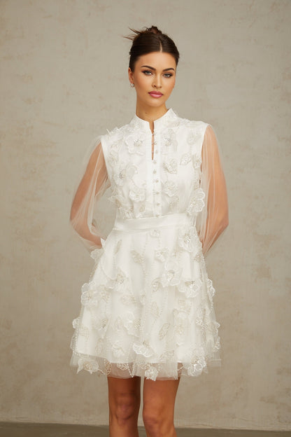 White mini dress with 3D tulle petals floral design short length sleeveless feminine style