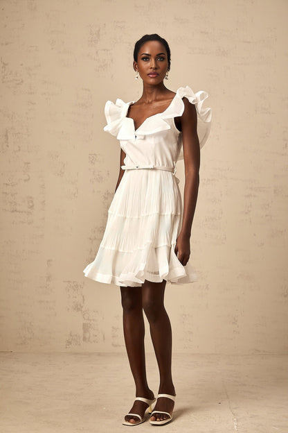 White mini dress with frilled neckline and pleated design named Eliane
