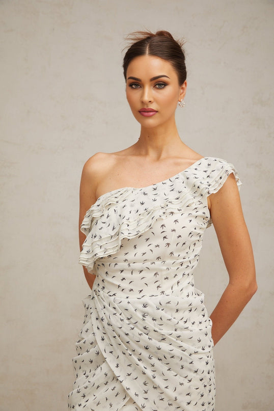 White mini dress with printed pattern and ruffled details named Irina