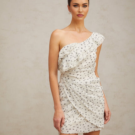 White mini dress with ruffles and printed pattern named Irina