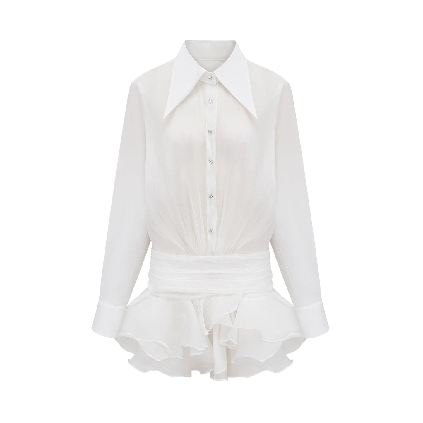 White mini shirt dress with ruffles named Renee
