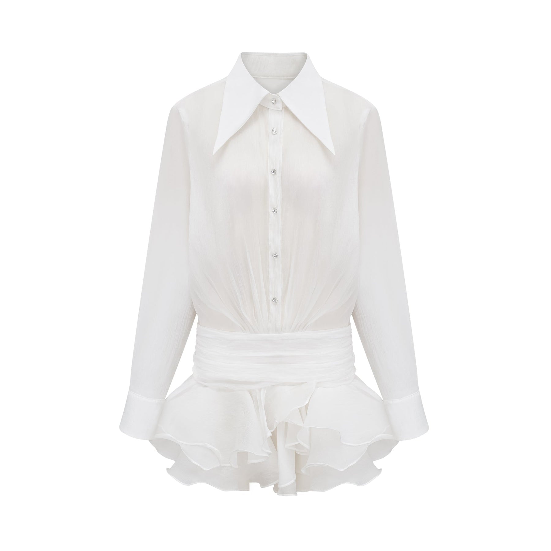 White mini shirt dress with ruffles named Renee