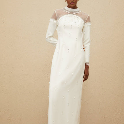 White mock neck long sleeve maxi dress with tulle and embellishments