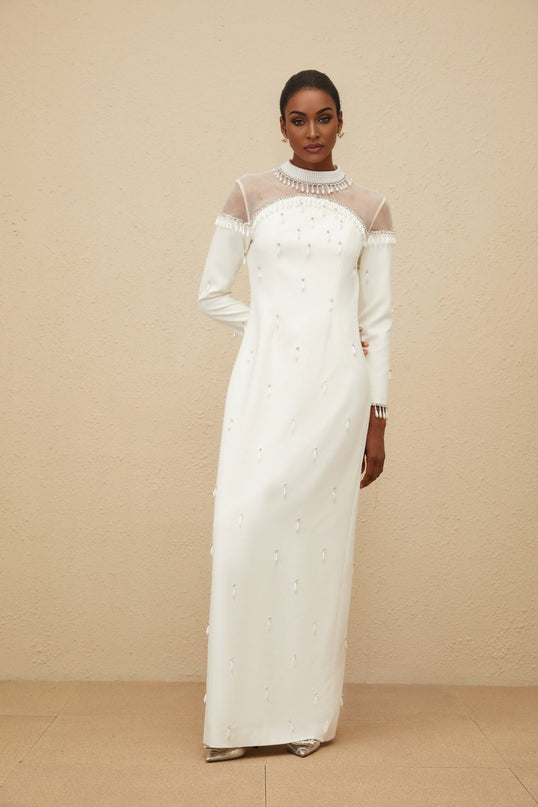 White mock neck long sleeve maxi dress with tulle and embellishments