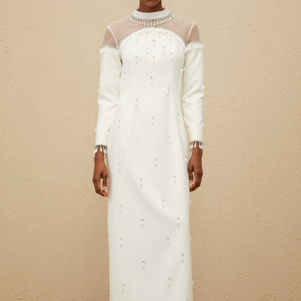 White mock neck long sleeve maxi dress with tulle and embellishments