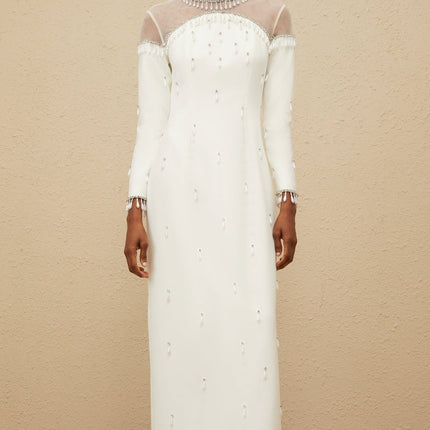 White mock neck long sleeve maxi dress with tulle and embellishments