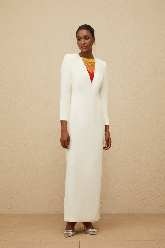 White Multicolor Maxi Dress with Bead and Rhinestone Embellishments