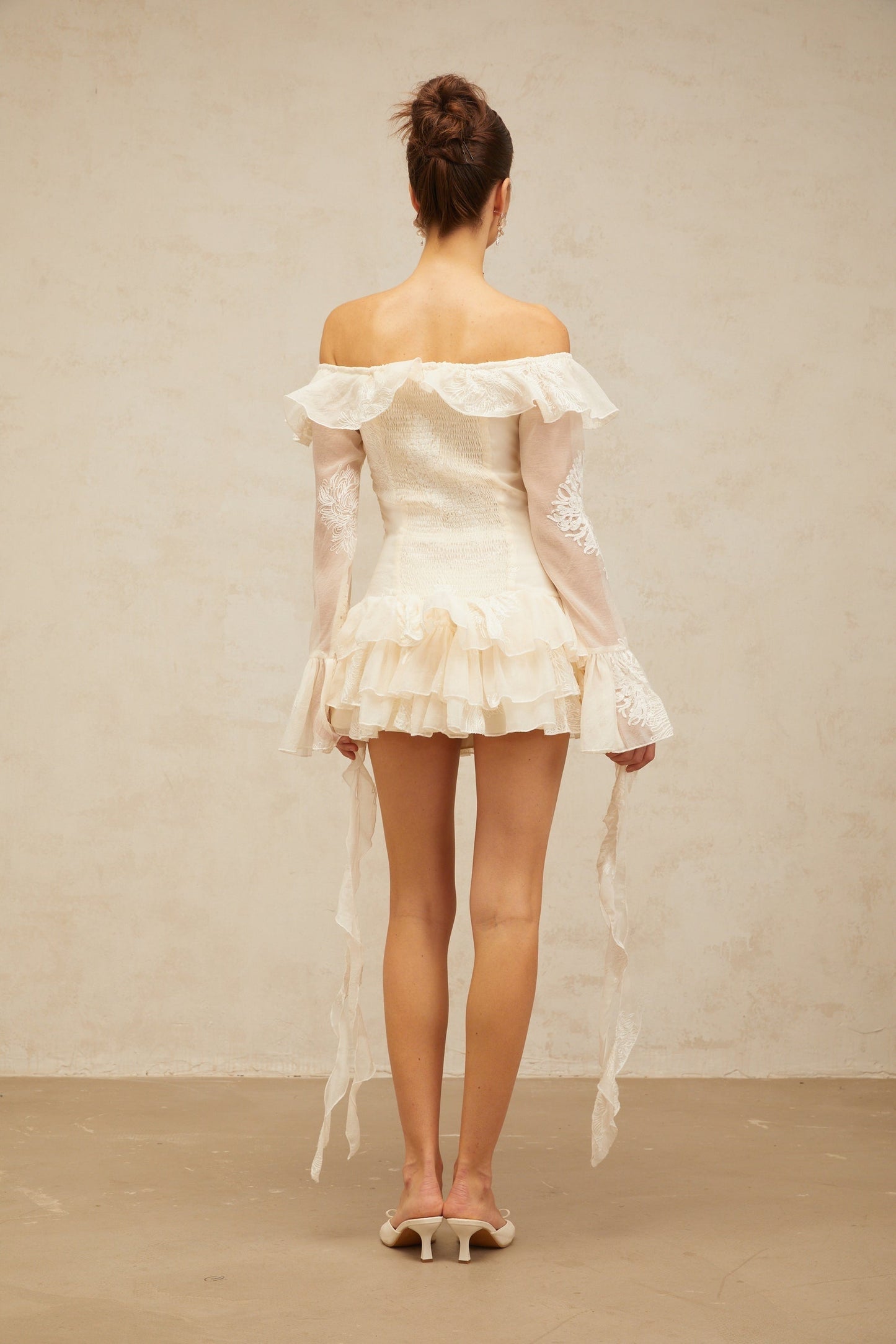 White off shoulder mini dress with embroidery details named Desiree