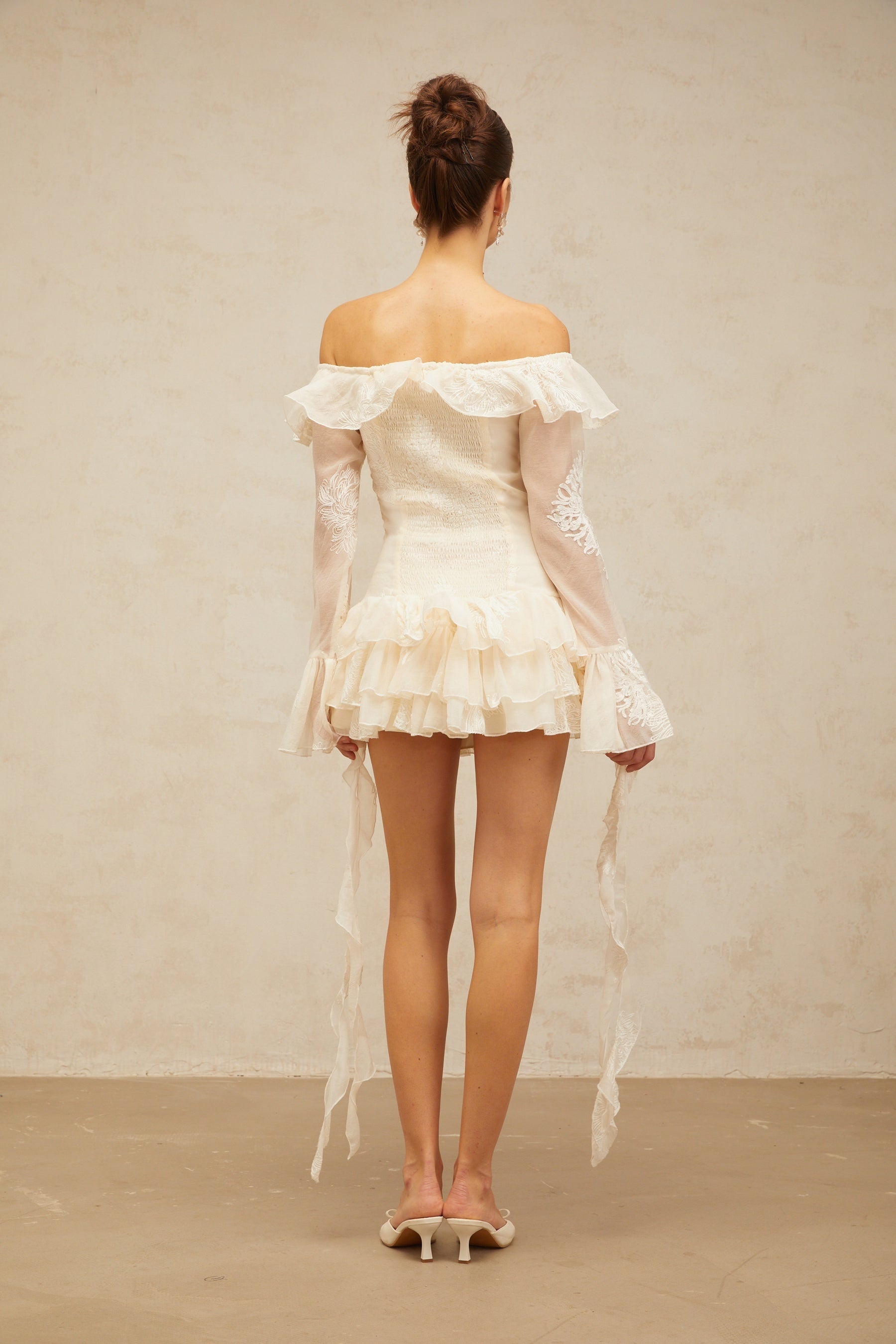 White off shoulder mini dress with embroidery details named Desiree