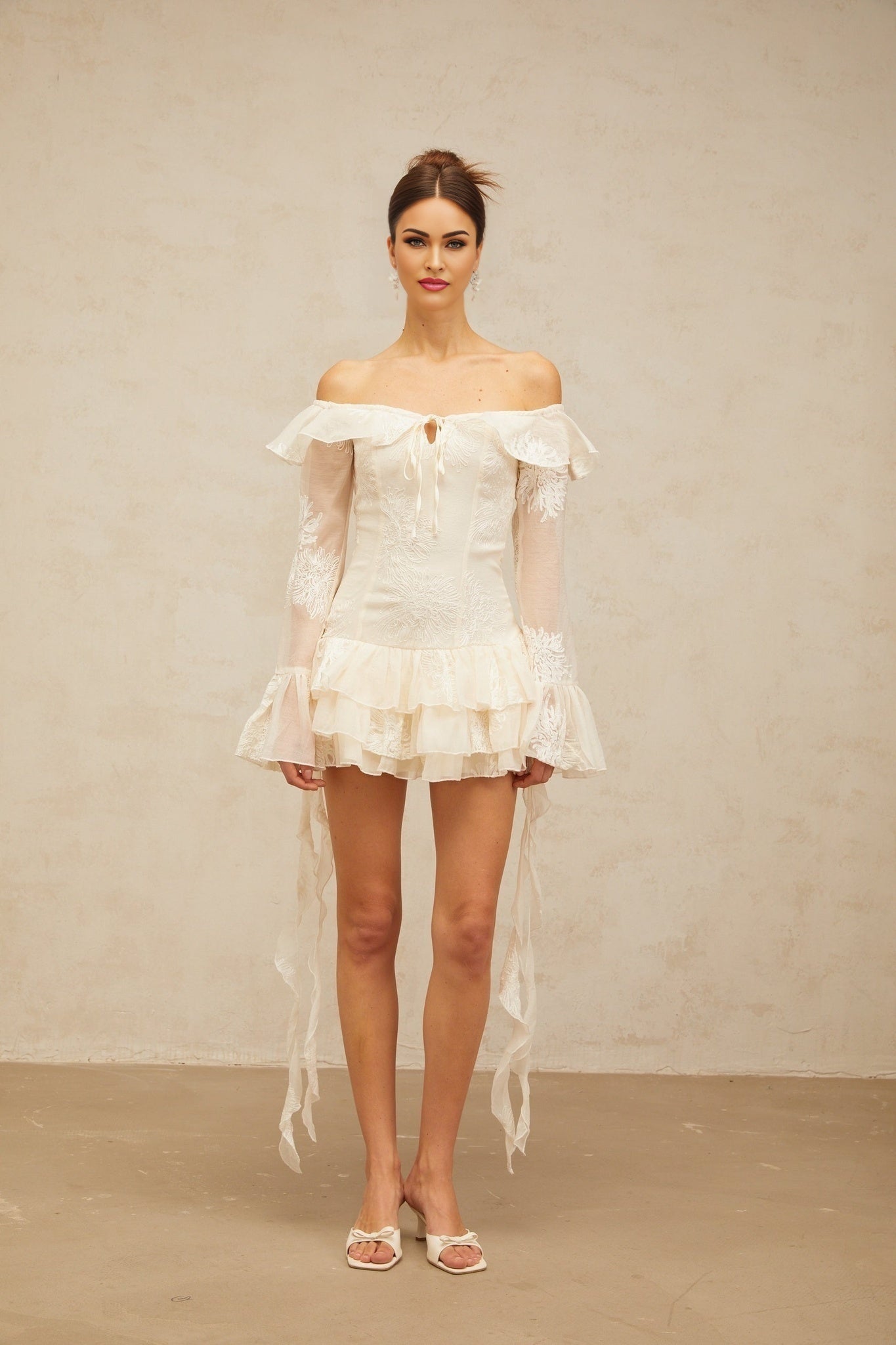 White off shoulder mini dress with embroidery details named Desiree