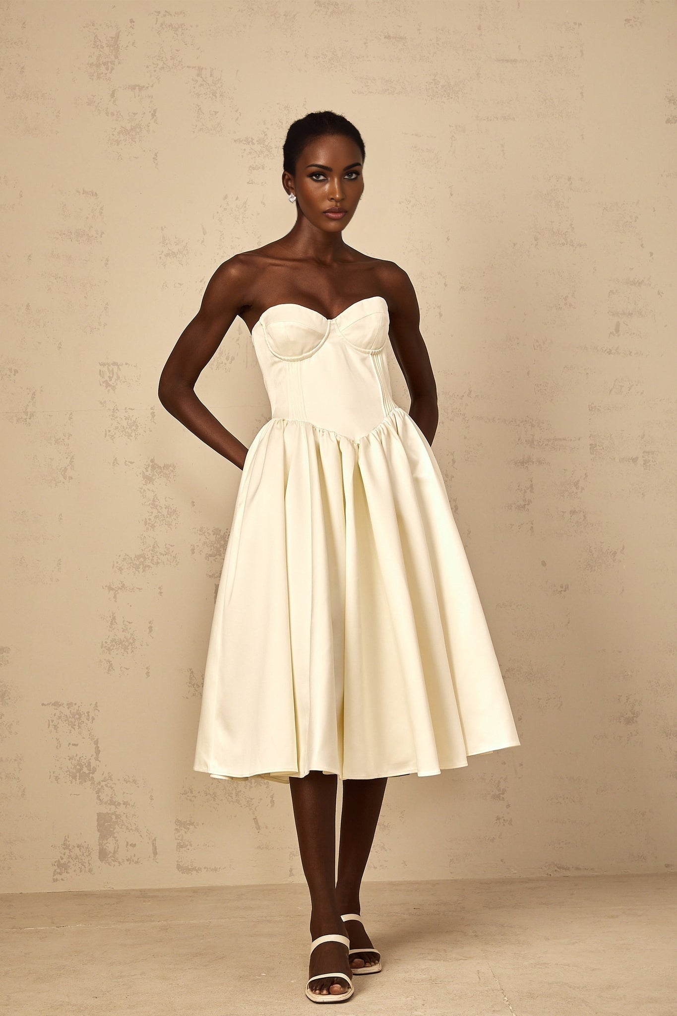 White off shoulder shirred midi dress for women by Noor