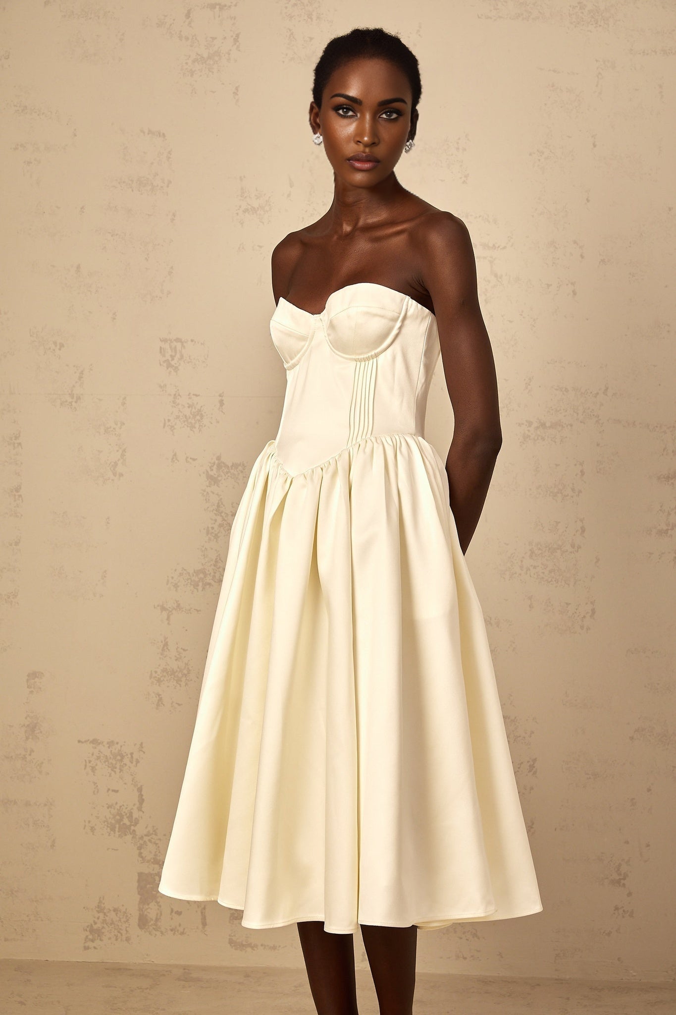 White off shoulder shirred midi dress for women by Noor