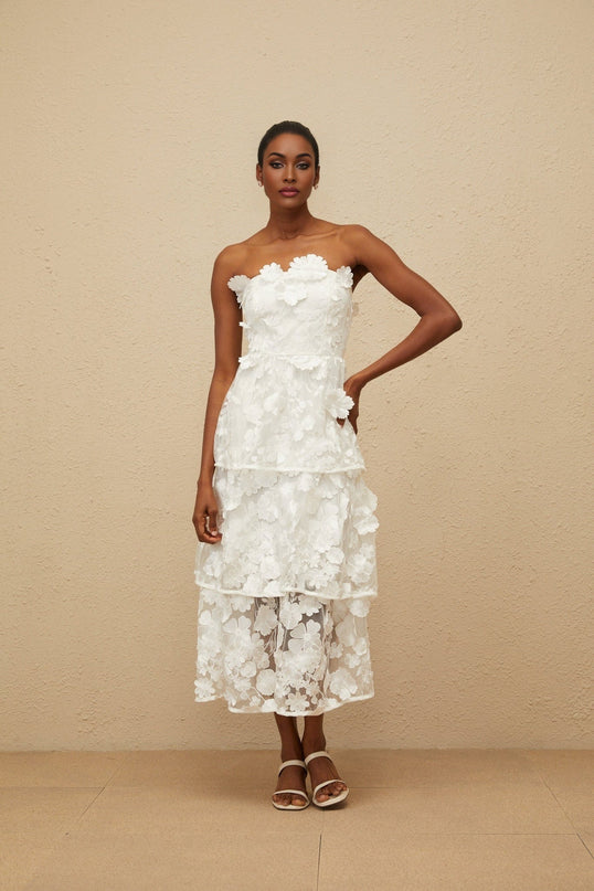 White off the shoulder sleeveless dress with 3D-petal and floral embroidered detailing