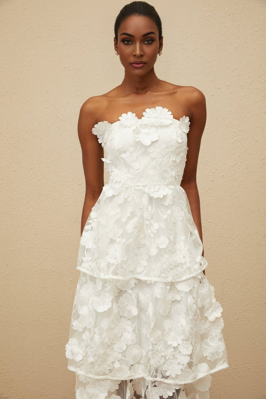 White off the shoulder sleeveless midi dress with 3D-petal and floral embroidered detailing