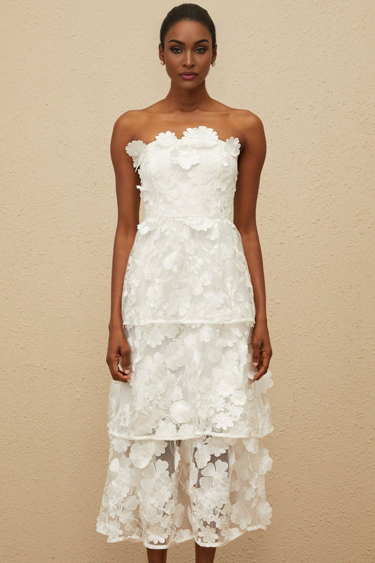 White off the shoulder sleeveless midi dress with 3D-petal and floral embroidered detailing