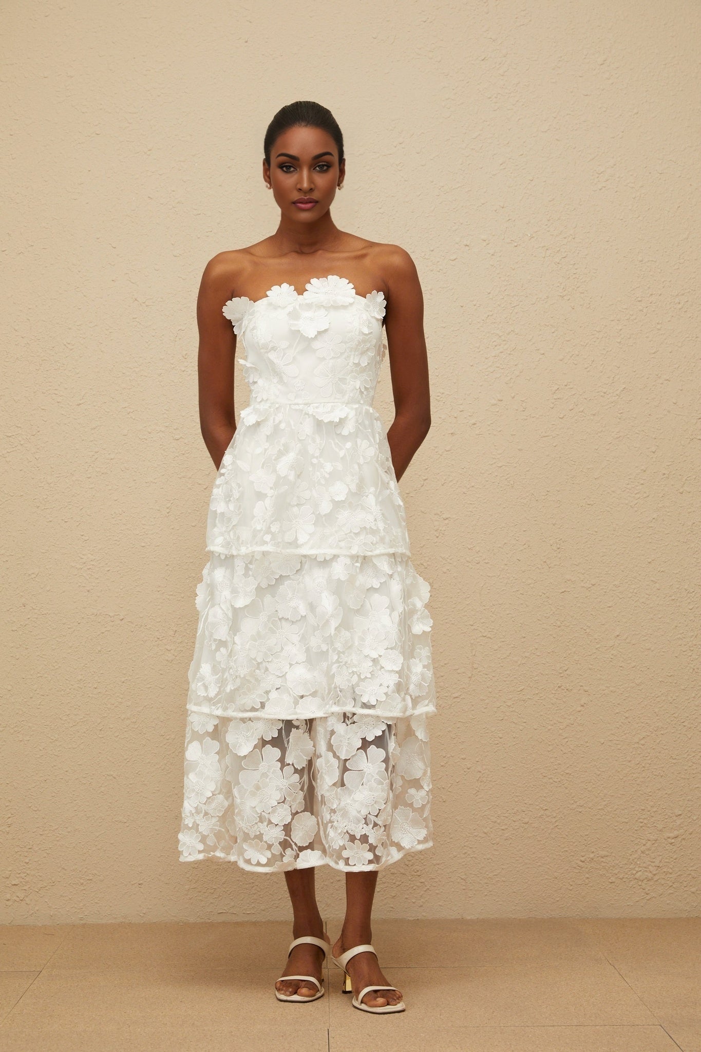 White off the shoulder sleeveless midi dress with 3D-petal and floral embroidered detailing