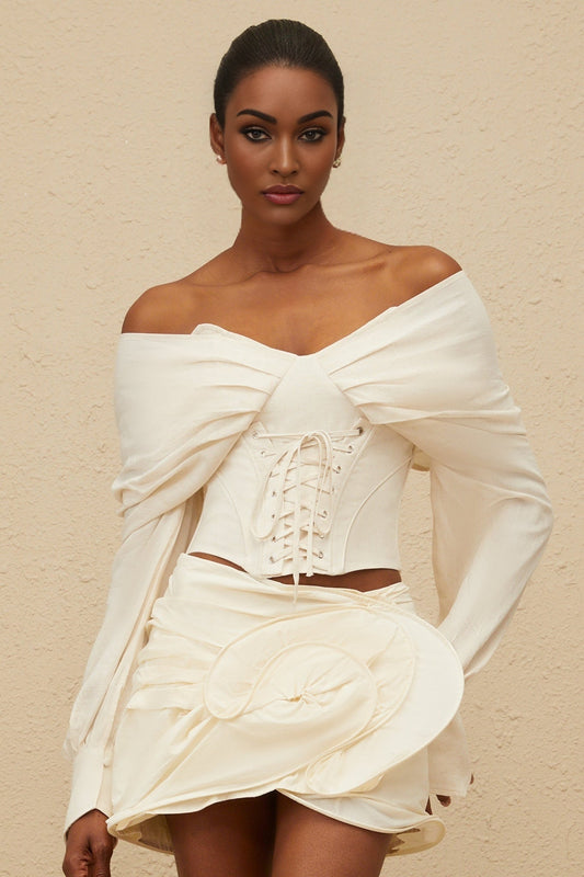 White off the shoulder cropped top with lace-up and ruched detailing