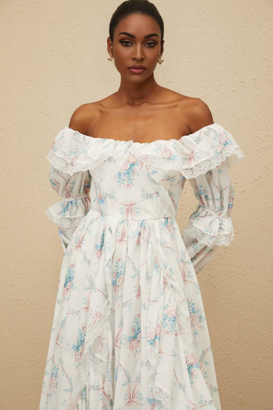 White off the shoulder floral print maxi dress with flared cuffs and lace trim