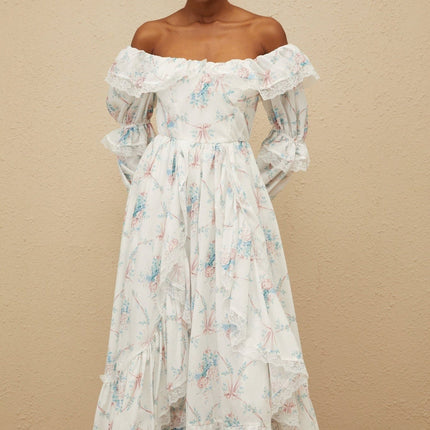 White off the shoulder long sleeve floral print maxi dress with flared cuffs and lace trim