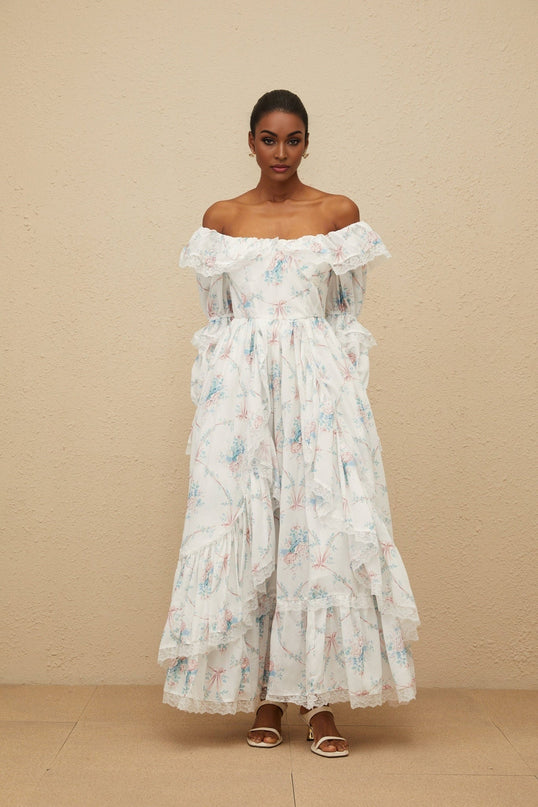 White off the shoulder floral print maxi dress with flared cuffs and lace trim