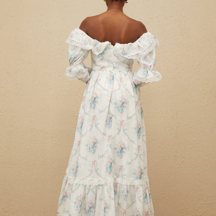 White off the shoulder floral print maxi dress with flared cuffs and lace trim