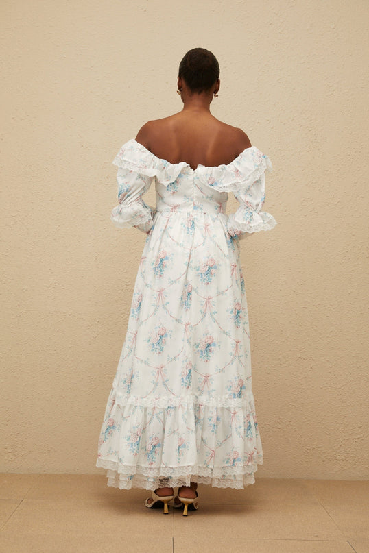 White off the shoulder floral print maxi dress with flared cuffs and lace trim