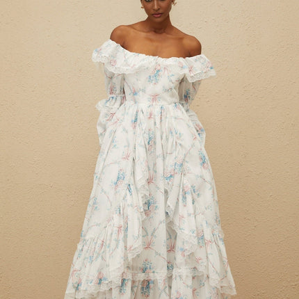 White off the shoulder floral print maxi dress with flared cuffs and lace trim