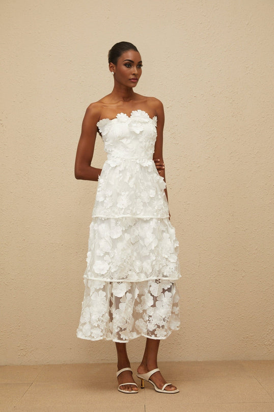 White Off the Shoulder Sleeveless Cinched Waist 3D-Petal Detailing Floral Embroidered Tiered Skirt Midi Dress