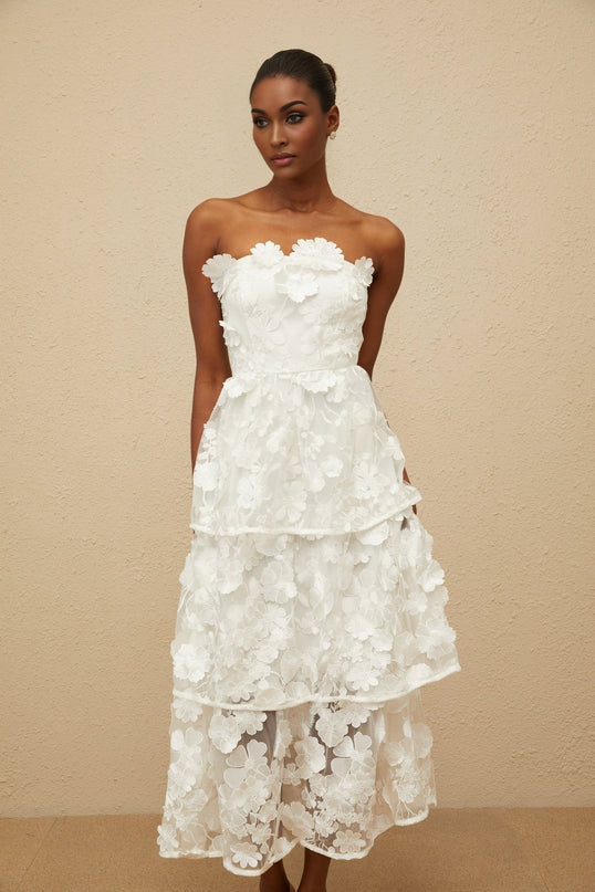 White Off the Shoulder Sleeveless Cinched Waist Floral Embroidered Midi Dress