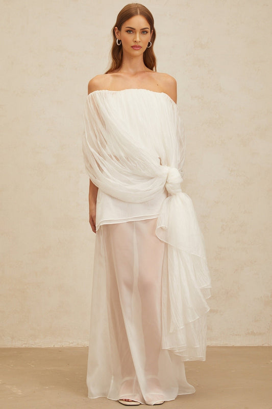 White Off the Shoulder Tulle Sleeveless Top and High Rise Maxi Skirt Set