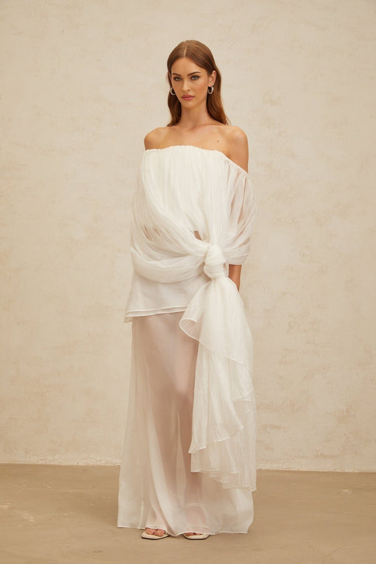 White Off the Shoulder Tulle Sleeveless Top with Shirred Effect and Twisted Knot