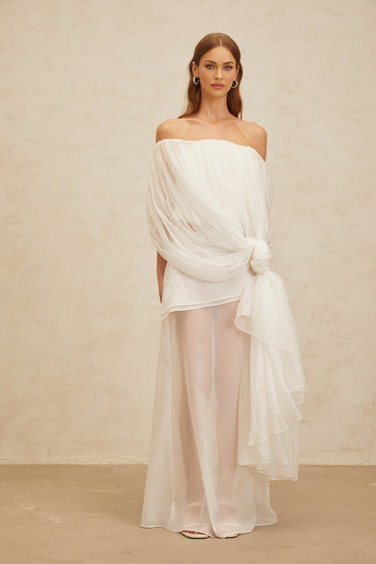 White Off the Shoulder Tulle Sleeveless Top with Shirred Effect and Twisted Knot