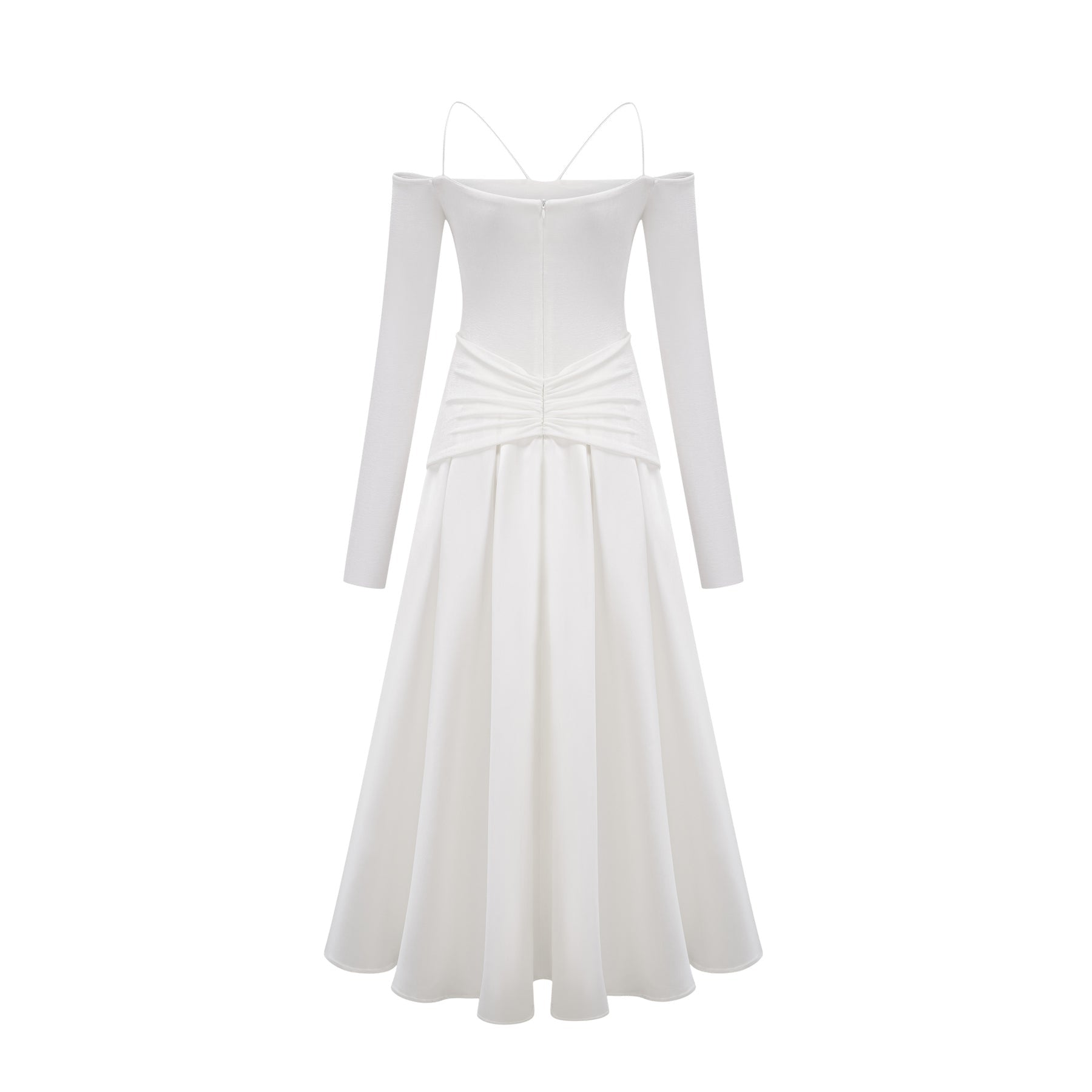 White offshoulder maxi dress with panels worn by model standing against plain background