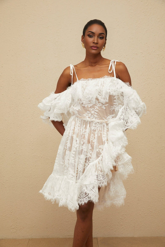 White one shoulder floral lace mini dress with ruffled detailing